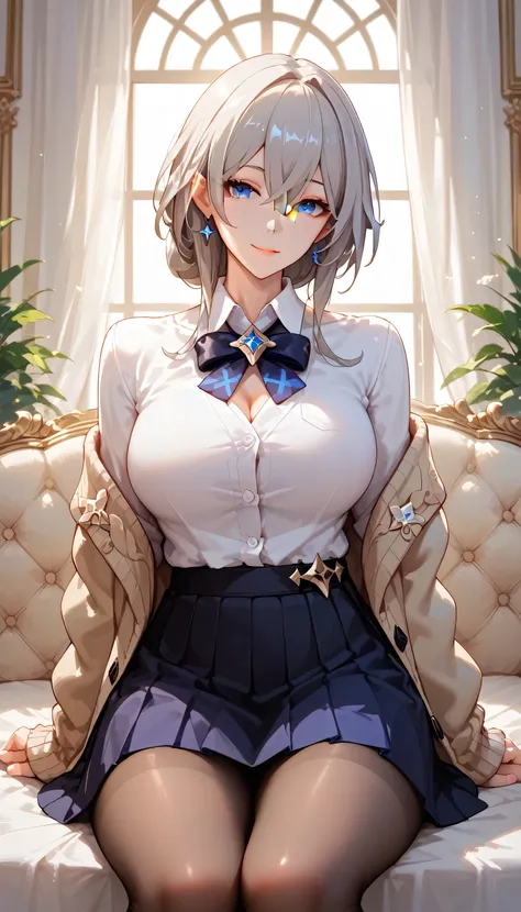 Score_9, Score_8_up, Score_7_up, Score_6_up, Score_5_up, Score_4_up, Source_anime, masterpiece, best quality, aesthetic, 1girl, silver hair, kafka hair, hair between eyes, Blue eyes, mature woman, perfect eyes,  curvaceous, Bedium breasts, Cardigan, Skirt,...