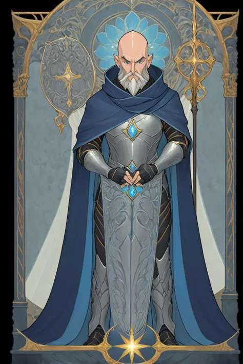 Full body portrait of 1 human man, paladin, big shield, bald hairless, black beard, silver armor, blue cloak, standing on your feet, (((solo))), Clear facial features, Simple line design, ((tarot card background, symmetric beauty)), perfectly symmetrical, ...