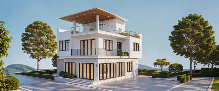 PLATFORM KTHOUSE, 1 morden WHITE house,1large yard, 1 road runs in front of the house, (RAW photo, real, best quality, masterpiece:1.2), look morden minimalist, 1 road in front of the house, dynamic lighting:1.3, (hyper realistic, photo-realistic:1.2), hig...