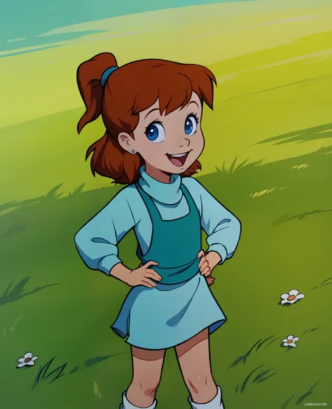 score_8, score_9, jenny, 1 girl, solo, brown hair, ponytail, blue eyes, earrings, standing, on grass, hands on hips, open smile