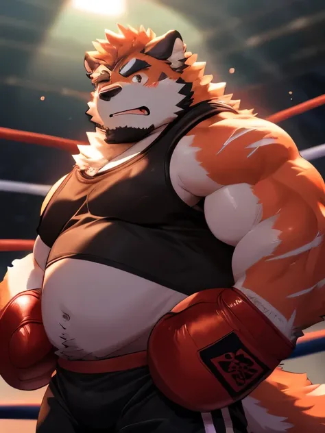 A robust ,  heavyweight fat fat man with a round , chubby face,  bright orange eyes ,  and thick orange hair with visible scars ,  wearing boxing gloves and boxer shorts ,  powerless environment , looks exhausted,  surrounded by fluffy ,  furry Yemeni wolv...