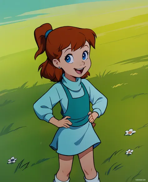 score_8, score_9, jenny, 1 girl, solo, brown hair, ponytail, blue eyes, earrings, standing, on grass, hands on hips, open smile