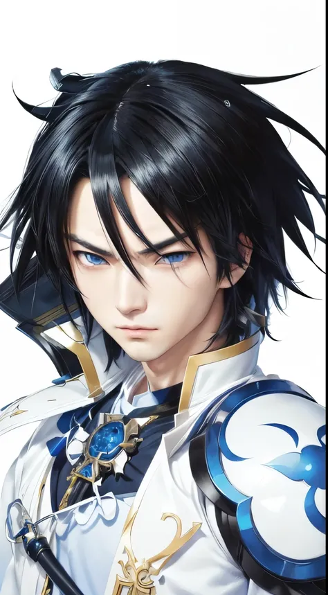 anime character with black hair and blue eyes and a white shirt, shigenori soejima illustration, keqing from genshin impact, detailed anime character art, crisp clear rpg portrait, male anime character, masamune shiro, detailed key anime art, anime handsom...