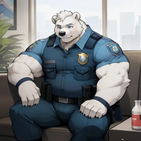 masterpiece,  best quality,  8k resolution ,  very detailed , hairy，(((polar bear))，(((reif)))，(((bart))),(((Fat)))，(((  white hair all over body)))，(((portrait)))，(((  white hair)))，(((tired)))， For the audience ，(((police uniform))),(((sitting on the sof...