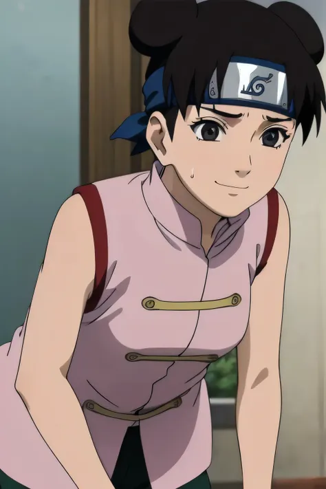 tenten, alone,  upper body ,  side view , seen from the side, smile,  expression of pain, leaning forward,leaned forward,sweaty