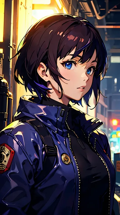 (( best quality)), ((masterpiece)), (  Details), 8k,The world of Motoko Kusanagi,Factory Zone at Night ,dark, Side Lighting , Vantage Fashion,Brown Hair, blue eyes,Looking straight ahead,pistol,Upper body up