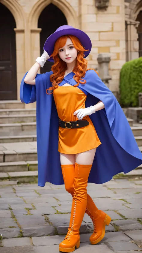 Girl、 has orange wavy hair and purple eyes Im here。Wear a big blue hat、 also wears a blue cloak 。Wears a yellow tunic 、 has a waist tightened with black tights and a belt 。 wears orange gloves on her hands 、 wears orange boots around her feet 。Castle、
