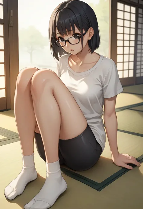 cinematic, pixiv, 1girl, black hair, medium hair, bangs, black eyes, black glasses, medium breast, shirt, white shirt, collarbone, short sleeves, bike shorts, brown bike shorts, sitting, knees up, in, shoji, tatami, japanese room, floor, wooden floor, open...