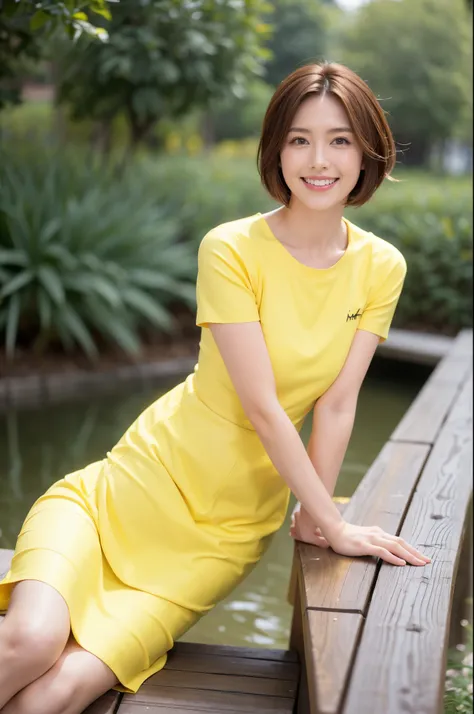 最 High Quality , In 8K, Masseter region,  lively,  sharp concentration,  High Quality ,  Hi-Res,   DETAIL FACE , fine grain,  Thick lips, ( watching the audience), Alone, Beautiful woman, 28 years old, plum, ( short brown hair:1.4),  clevis, (yellow short ...