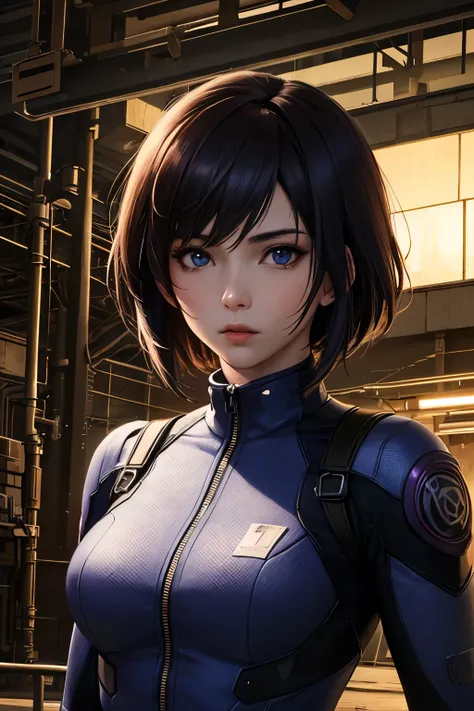 (( best quality)), ((masterpiece)), (  Details), 8k,The world of Motoko Kusanagi,Factory Zone at Night ,dark, Side Lighting , Vantage Fashion,Brown Hair, blue eyes,Looking straight ahead,pistol,Upper body up