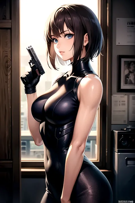 (( best quality)), ((masterpiece)), (  Details), 8k,The world of Motoko Kusanagi,Factory Zone at Night ,dark, Side Lighting , Vantage Fashion,Brown Hair, blue eyes,Looking straight ahead,pistol,Upper body up