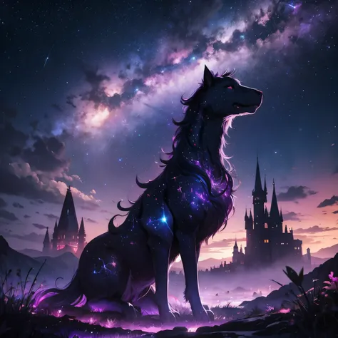 Depict a landscape under a magical night sky filled with vibrant colors—deep purples, blues, and hints of pink—where constellations form mythical creatures and stories.
