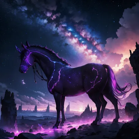 Depict a landscape under a magical night sky filled with vibrant colors—deep purples, blues, and hints of pink—where constellations form mythical creatures and stories.
