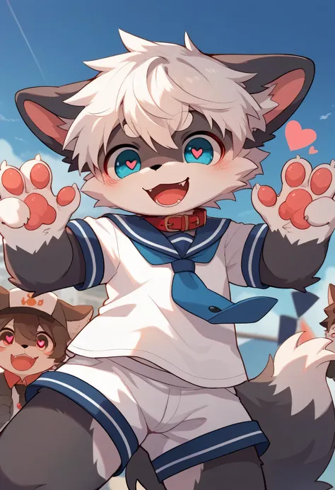  very detailedな, very detailed, gray fur white hair ,Age 15,male, excited to see bones , wolf fur,Excited,participate, cute face, fluffy fur like one,Horny boy,cute ears ,Fluffy Ears ,Fluffy Ears ,Show me a paw ,Red collar, in front of everyone,Tie the hus...