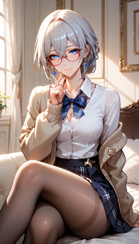 Score_9, Score_8_up, Score_7_up, Score_6_up, Score_5_up, Score_4_up, Source_anime, masterpiece, best quality, aesthetic, 1girl, silver hair, kafka hair, hair between eyes, Blue eyes, Glasses, mature woman, perfect eyes,  curvaceous, Small breasts, Cardigan...