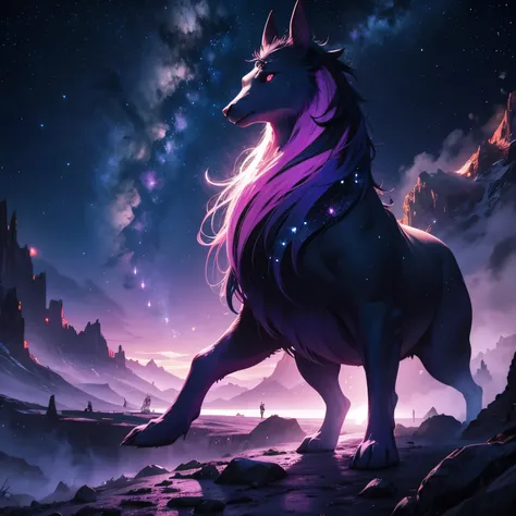 Depict a landscape under a magical night sky filled with vibrant colors—deep purples, blues, and hints of pink—where constellations form mythical creatures and stories.
