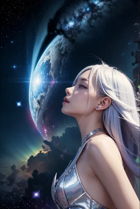 Please generate an illustration of a beautiful alien woman who seems to exist in the Pleiades star cluster in New Age thought and spiritual genres. The image colors are blue, white, and silver. Her hair is long and her ears are pointed, giving her a myster...