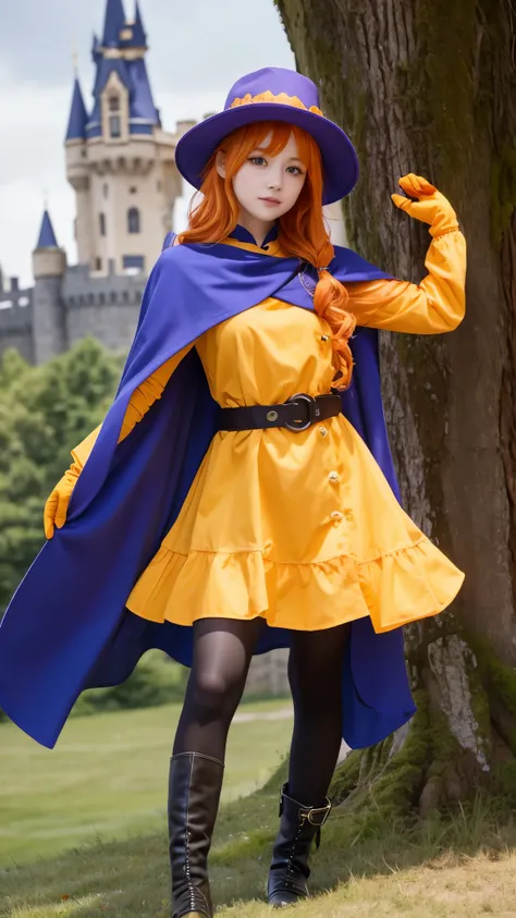 Girl、 has orange wavy hair and purple eyes Im here。Wear a big blue hat、 also wears a blue cloak 。Wears a yellow tunic 、 has a waist tightened with black tights and a belt 。 wears orange gloves on her hands 、 wears orange boots around her feet 。Castle、
