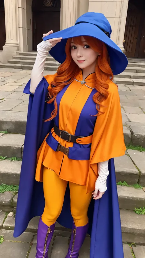 Girl、 has orange wavy hair and purple eyes Im here。Wear a big blue hat、 also wears a blue cloak 。Wears a yellow tunic 、 has a waist tightened with black tights and a belt 。 wears orange gloves on her hands 、 wears orange boots around her feet 。Castle、
