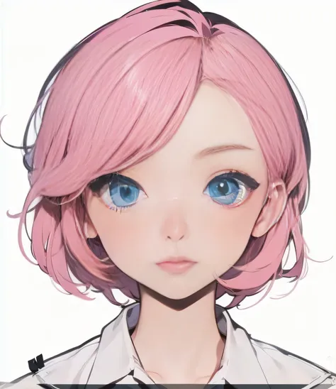 Girl with blue eyes, pink short hair, white shirt