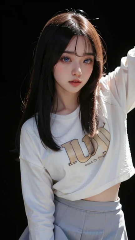 cinematic lighting, masterpiece, UHD, anatomically correct, textured skin, super detail, high quality, award winning, highres, 16k, 8k, full body shot, a young korean woman, age 25, medium breast, ((Long-Sleeve T-shirt with A-Line Skirt)), proud pose, neut...