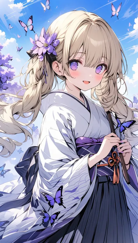 1girl, solo, 18 years old, looking at viewer, blush, smile, open mouth, blonde hair, twintails, long sleeves, purple eyes, flower, japanese clothes, medium hair, wide sleeves, kimono, hair over one eye, sky, bug, butterfly, hakama skirt, holding umbrella, ...