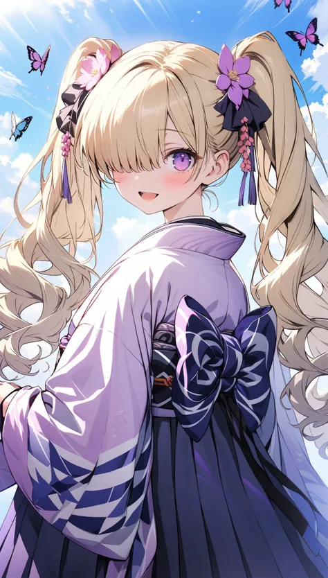 1girl, solo, 18 years old, looking at viewer, blush, smile, open mouth, blonde hair, twintails, long hair, long sleeves, purple eyes, flower, japanese clothes, wide sleeves, kimono, hair over one eye, sky, butterfly, hakama skirt, egasumi, yagasuri, purple...