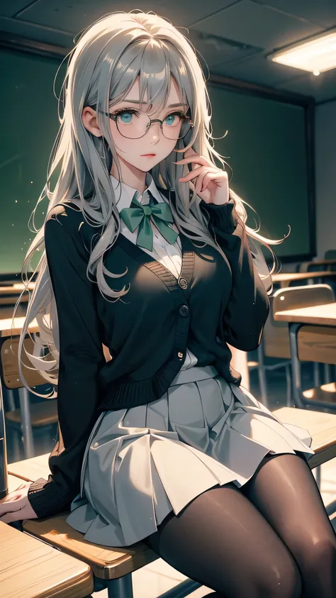 Score_9, Score_8_up, Score_7_up, Score_6_up, Score_5_up, Score_4_up, Source_anime, masterpiece, best quality, aesthetic, 1girl, silver hair, Curly hair, hair between eyes, Green eyes, Glasses, mature woman, perfect eyes, curvaceous, Small breasts, Cardigan...