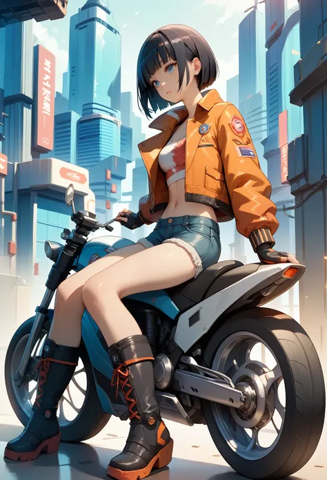 (quality_masterpiece, quality_best, score_9, score_8_up, score_7_up, score_6_up, score_5_up, score_4_up), cowboy shot, (younger female, slim, Black hair, bob cut, Japanese), Large riders jacket, shorts, boots, Sitting on a futuristic bike, Future City