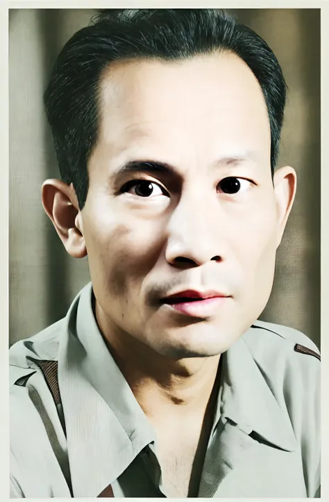 portrait of a 40 year old man from indonesia, wrinkled facial texture, straight black hair, wearing a brown uniform, have hair on the chest area 