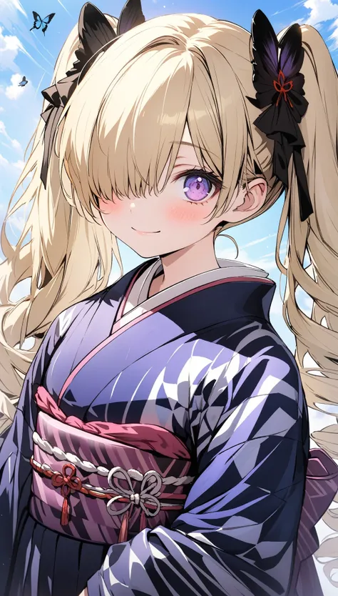 1girl, solo, 18 years old, looking at viewer, blush, smile, closed mouth, blonde hair, twintails, long hair, long sleeves, purple eyes, flower, japanese clothes, wide sleeves, kimono, hair over one eye, sky, butterfly, hakama skirt, egasumi, yagasuri, purp...