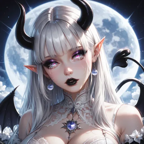 ((highres)), ((masterpiece)), (shinning moon background), a beautifully detailed succubus, ((white demon horns)), ((white demon ...