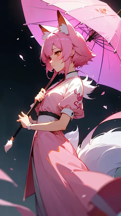 Nine Snow White Fox Tails (1.0), Milky Fox Tail (1.0), Nine-tailed fox close-up, Nine Tail, Nine Tail, With pink hair、 anime girl in a pink dress with flowers in her hair, very Beautiful anime fox girl, Beautiful anime fox girl,  Beautiful fantasy anime , ...