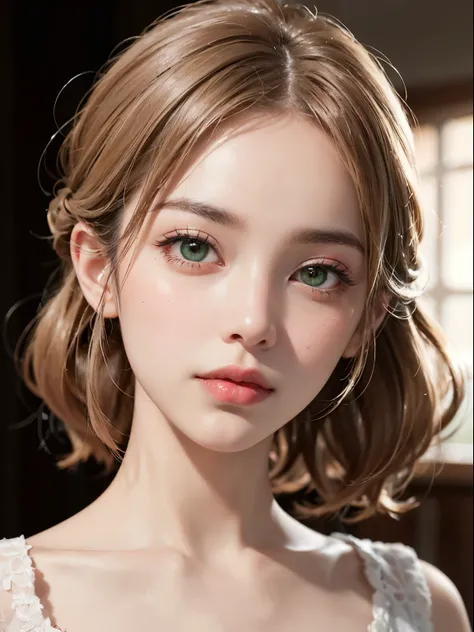 masterpiece，2k， Highest resolution ，indoor，photography,21 years old，Asian， Light gold with bangs ，Air bangs， with her hair curled up ，Hair tied up，（ light blond hair ：1.2），Slight side face，Raise her head slightly ，Look to the upper left，The makeup is delic...