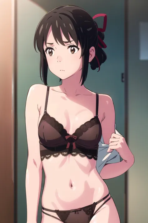 mitsuhamiyamizu, Mitsuha Miyamizu,  black hair , ( brown eyes:1.5),  hair ribbon ,  wearing sexy body lingerie.