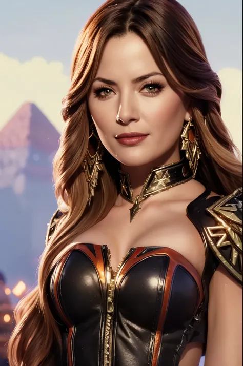A adult girl in realistic photo of high quality and detail, 2000s movie style, Mavuika (Genshin Impact), 25 years old, red lips, ((amber eyes)), black clothes, (highly detailed skin:1.2), smile expression, tanned skin, beautiful, hyperrealism, yellow sungl...