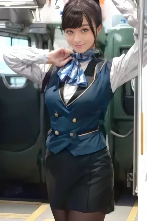 (masterpiece:1.2,  best quality:1.2), 32kHDR,  kampala, (Alone、  1 girl)、（What is 、 Professional Lighting）、In-flight background、（Nankai Train crew uniformを着たリアルなスタイル）、（（  Nankai Train Crew Uniform Collarless Blouse Long Sleeve 、Black Curly Culotte Skirt 、S...