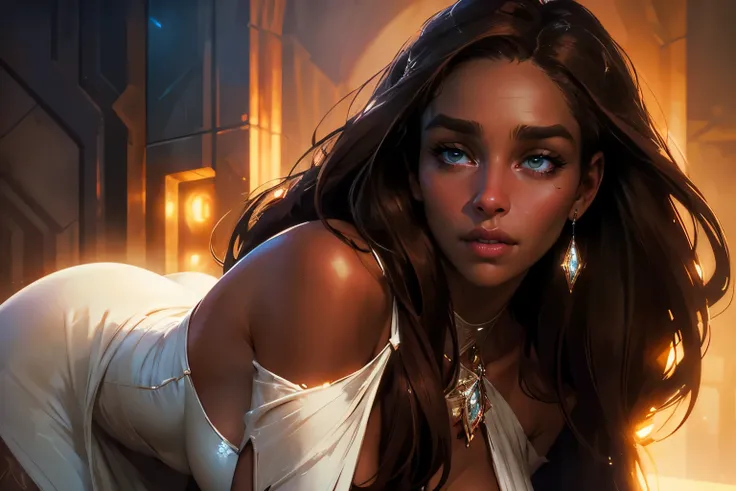 concept art NSFW Neon, Retro, fantasy, girl, sweet face, with long brown hair, dark skin, in a light open white dress with a low neckline on the chest with diamonds on the fabric with open shoulders, expressive breasts, gorgeous, face looks like Emilia Cla...