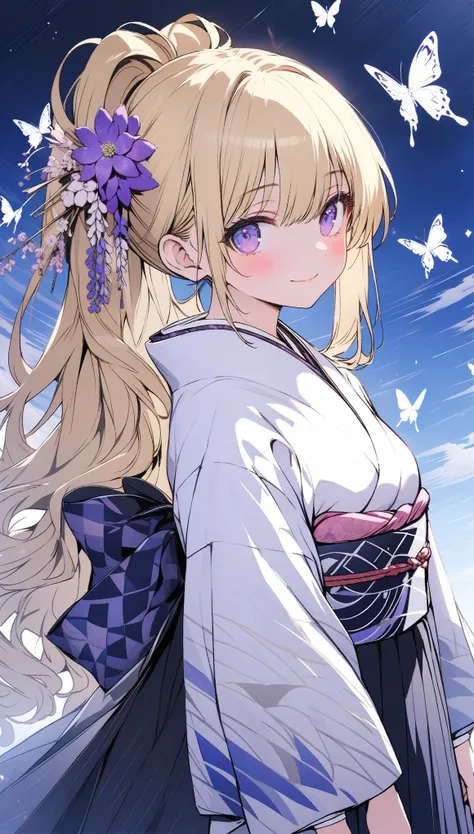 1girl, solo, 18 years old, looking at viewer, blush, smile, closed mouth, blonde hair, ponytail, long hair, long sleeves, purple eyes, full moon, flower, japanese clothes, wide sleeves, kimono, hair over one eye, sky, butterfly, hakama skirt, egasumi, yaga...