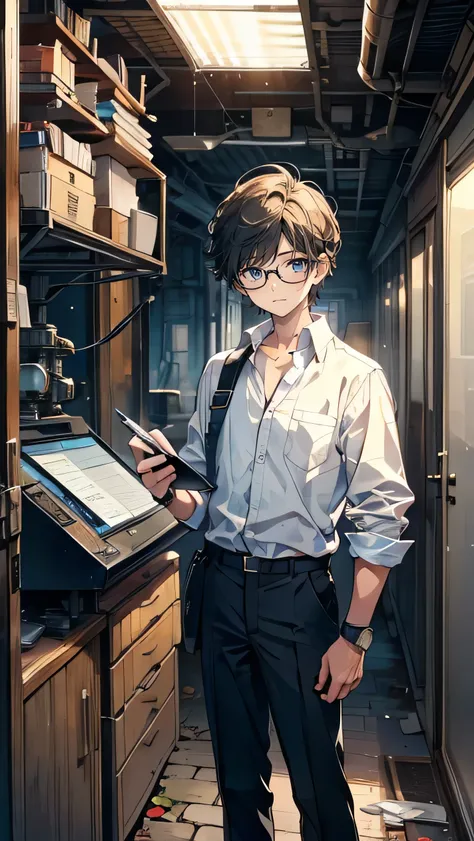 “A young boy, around , with an analytical and focused look. He wears glasses and has neatly combed hair, giving him an intelligent and somewhat older appearance. His outfit is practical—a simple shirt, trousers, and a digital watch. He holds a small notepa...