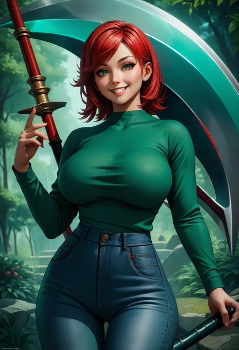 (masterpiece), Highest quality, 4k, ((anime style)), ((ultra-detailed)), 1girl, (red hair), (long straight hair:1.2), (short bangs, left-parted bangs, and right hard swept bangs:1.2). (applegreen eyes:1.2), (large breast:1.1), (green t-shirt and green wide...