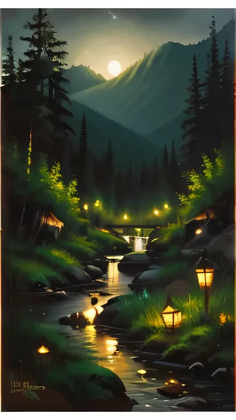 oil painting dark at night forest and mountain, chinese manhua style