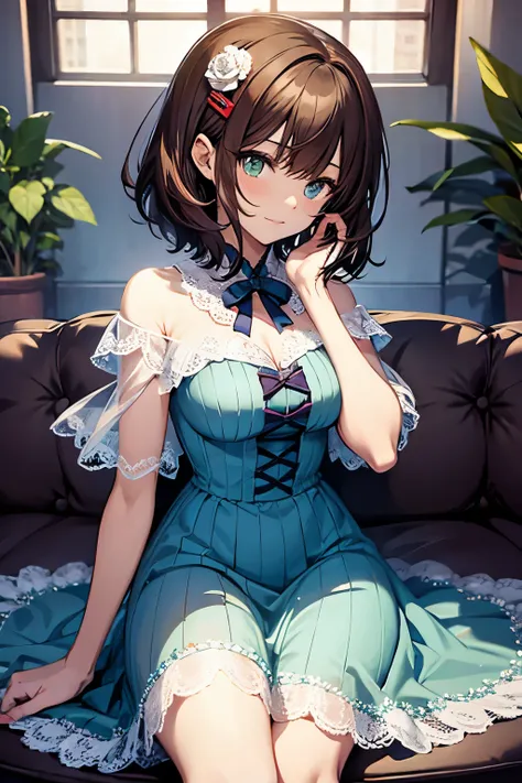 Sashinami Shoko, Valvrave, hair clips, Blue roses, Dress, Lace dress, Brown hair, Green eyes, Short hair, Ribbon