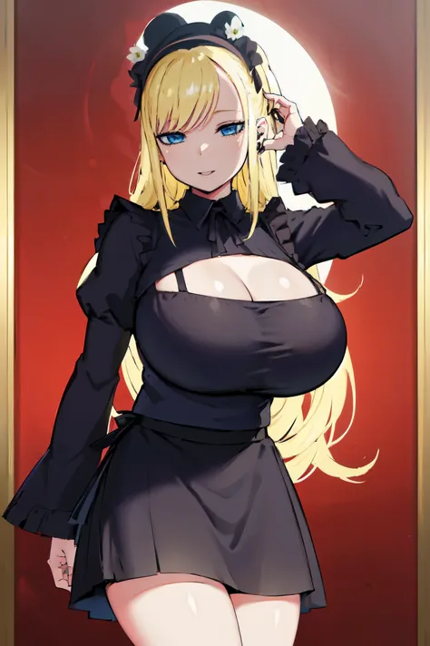 blonde hair, very huge tits , (((black maid uniform, maid hat, long sleeve, skirt))), (maid hat), thick, busty, blue eyes, long ...