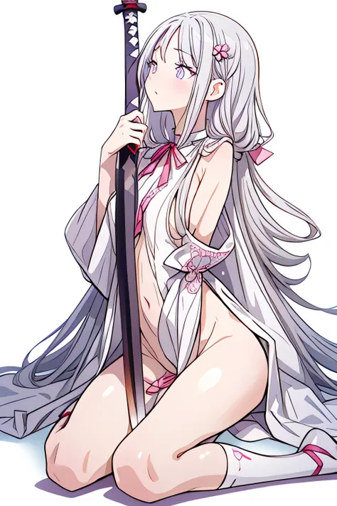 live-action、A beautiful girl sits holding a beautiful longsword with decoration、Gray Hair、 straight long hair 、Clear and very white skin、 perfect full body tights with fine pink embroidery on a white background 、Blushing cheeks、 close your eyes 、Pink lace ...