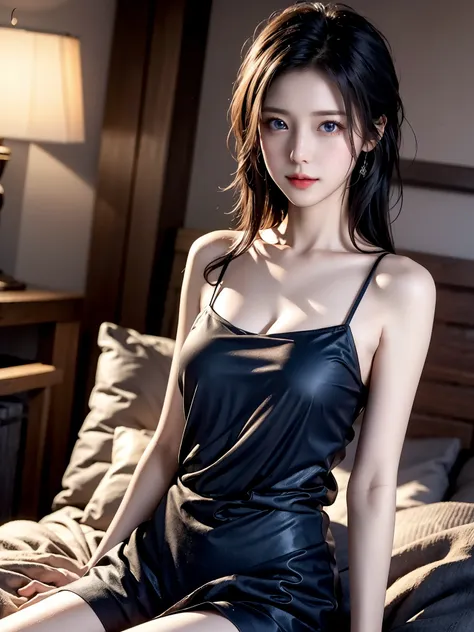 portrait、realistic、elegant mature women、 blue eyes、 shiny hair、 camisole 、bedroom、beautiful breasts, 4k resolution、 high quality...