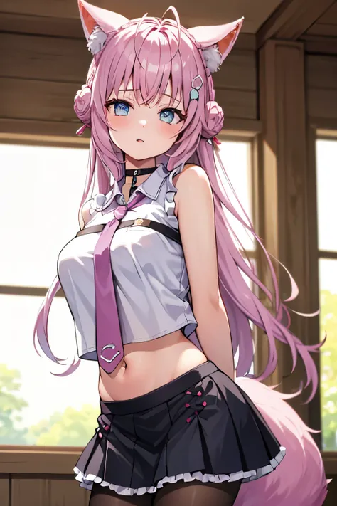The Masterpiece, best qualiy, Hi-Res, standing a, DEF1, lora:Koyori-000015:1, pink tie, tights, hairornaments, Lilac eyes, One-sided braid, Sorrisos, 1girl, animal ear fluff, animal ears, arm behind back, bangs, black choker, black skirt, blue eyes, braid,...