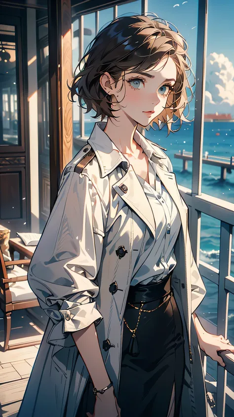 Isabelle Lockwood, a sharp and determined journalist, stands near the railing of a luxurious cruise ship. She wears a chic yet practical beige trench coat over a stylish navy dress, her short brown hair cut neatly in a bob. Her intelligent green eyes caref...