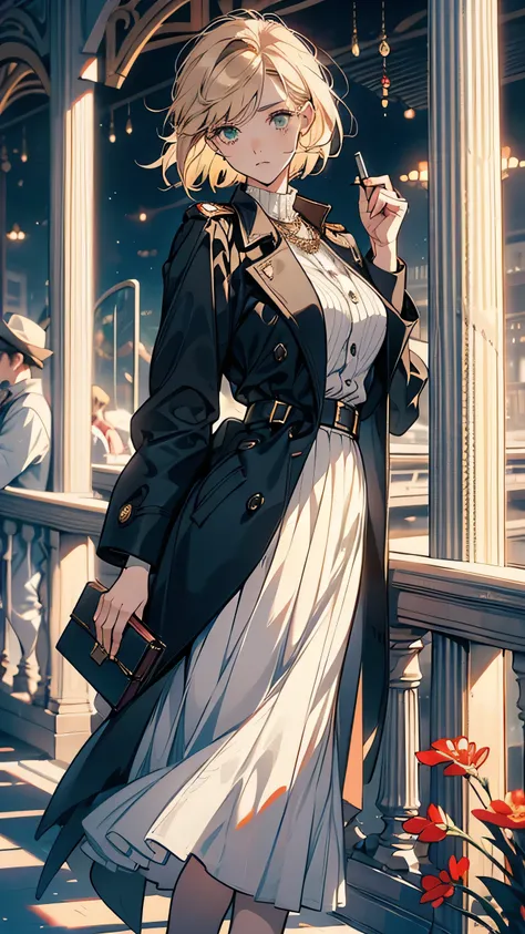 Isabelle Lockwood, a sharp and determined journalist, stands near the railing of a luxurious cruise ship. She wears a chic yet practical beige trench coat over a stylish navy dress, her short brown hair cut neatly in a bob. Her intelligent green eyes caref...