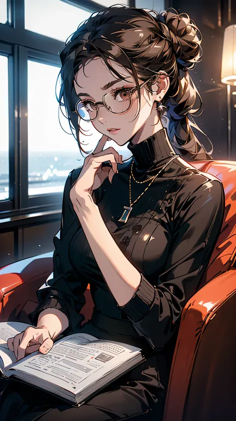 Sophia Hamilton, an enigmatic and intelligent psychologist, sits in the corner of the cruise ship’s lounge. She wears a sleek black turtleneck and a stylish pair of reading glasses, her dark brown hair tied back in a neat bun. Her expression is calm and ob...